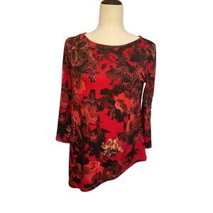 Kasper black red gold blouse 3/4 sleeve asymmetrical hem career women's XS